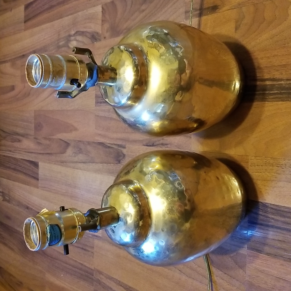 Pair of Gold Metal Hammered Brass Ginger Jar Shaped Lights Lamps